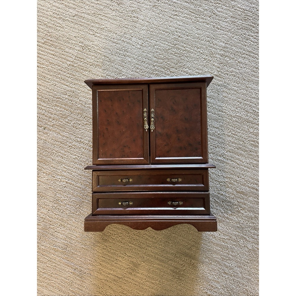 Wood Jewelry Box Armoire w/ Mirror Doors, Lined Drawers, Brown Rectangle Bombay?